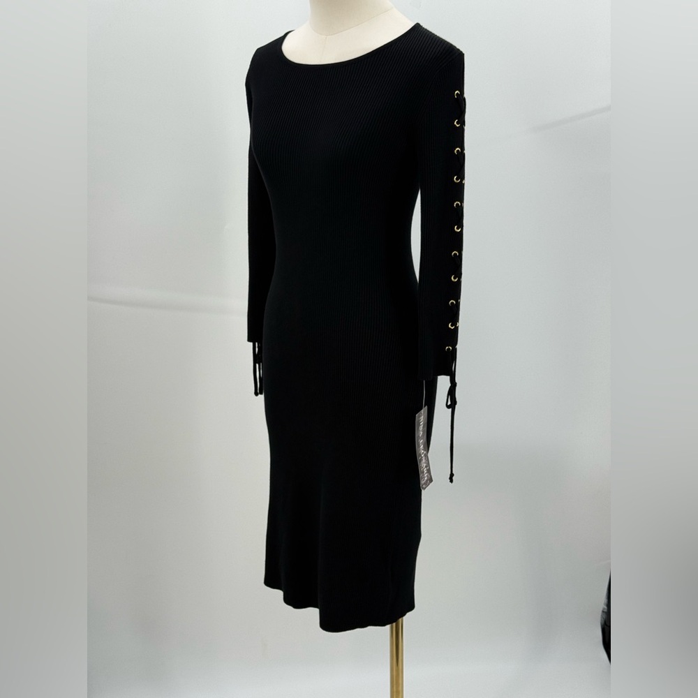 Nina Leonard Black Ribbed Knit Bodycon Long Sleeve Lace-Up Detail Sweater Dress - Picture 8 of 14
